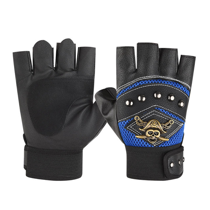 Gants d'extérieur en cuir à demi-doigts cloutés de crânes de pirate et de motard - Bleu - Taille unique - image 2