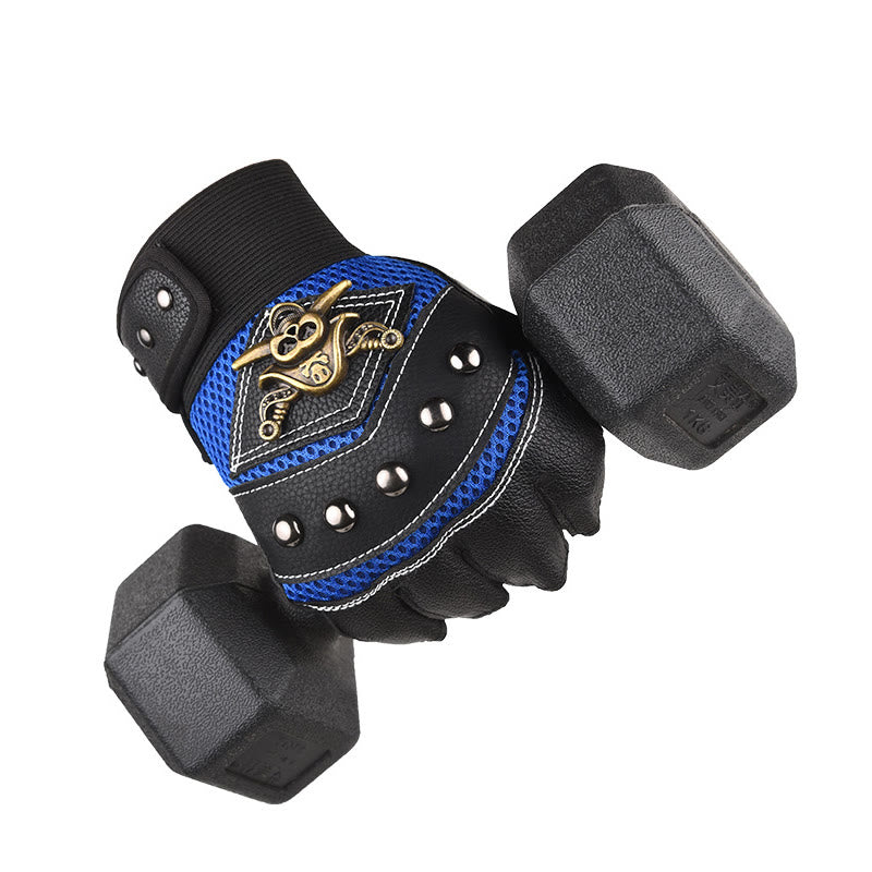 Gants d'extérieur en cuir à demi-doigts cloutés de crânes de pirate et de motard - image 1