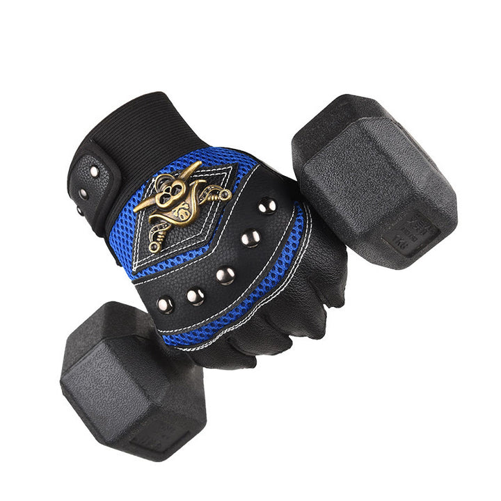 Gants d'extérieur en cuir à demi-doigts cloutés de crânes de pirate et de motard - image 1