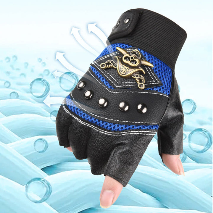 Gants d'extérieur en cuir à demi-doigts cloutés de crânes de pirate et de motard - image 4