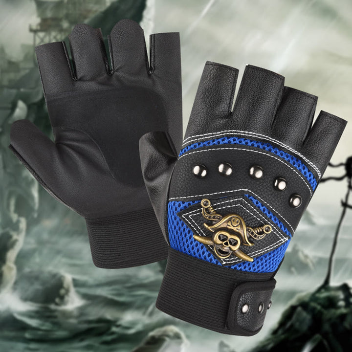 Gants d'extérieur en cuir à demi-doigts cloutés de crânes de pirate et de motard - image 3