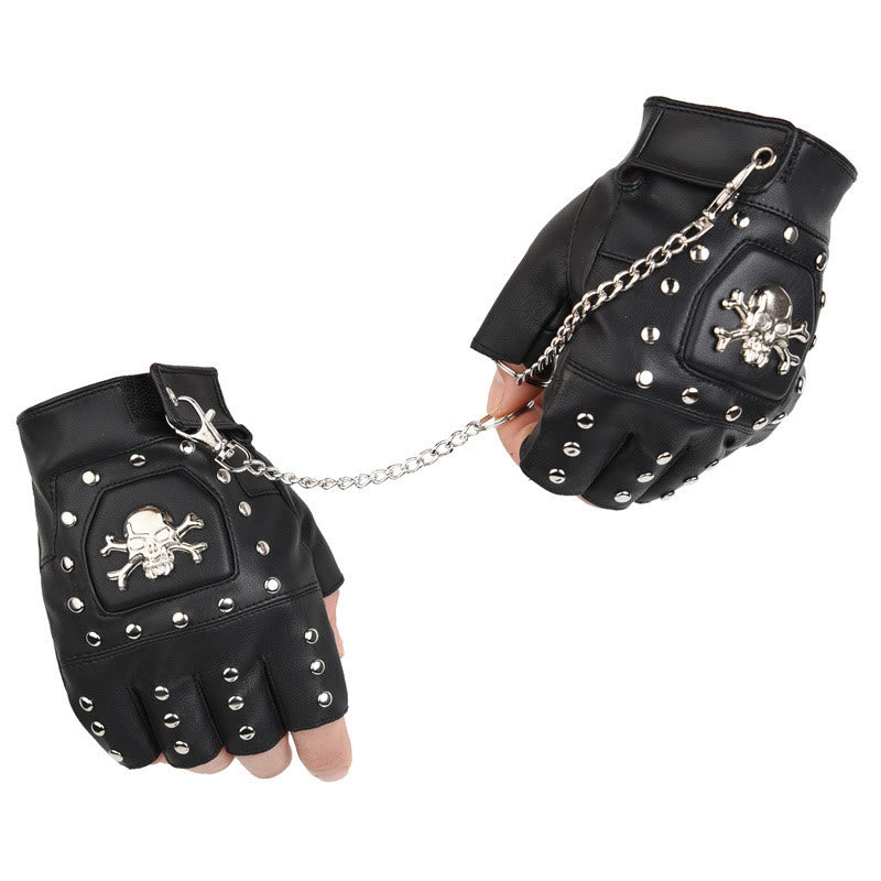Gants de moto demi-doigts à clous en forme de crâne noir avec chaîne - image 4