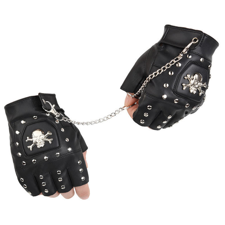Gants de moto demi-doigts à clous en forme de crâne noir avec chaîne - image 4