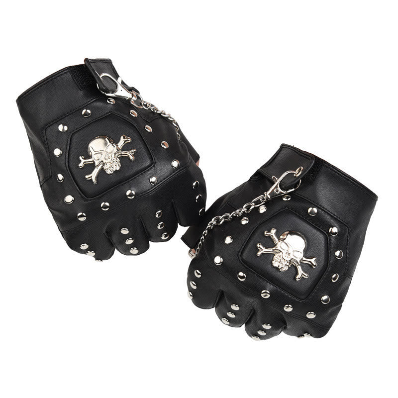 Gants de moto demi-doigts à clous en forme de crâne noir avec chaîne - image 5
