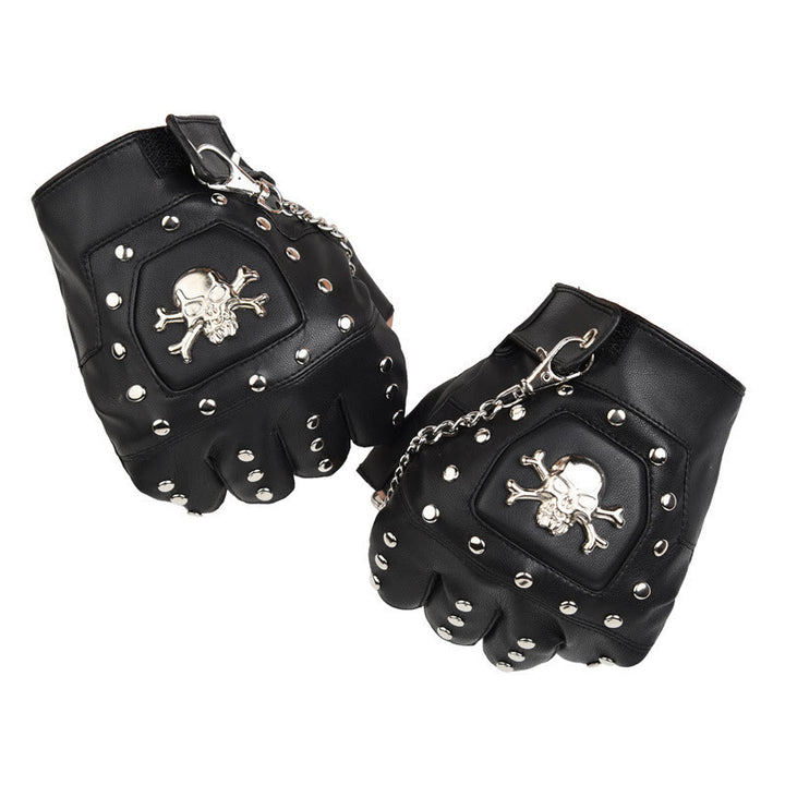 Gants de moto demi-doigts à clous en forme de crâne noir avec chaîne - image 5