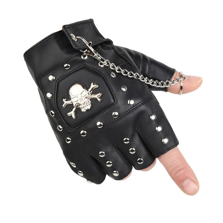 Gants de moto demi-doigts à clous en forme de crâne noir avec chaîne - image 6
