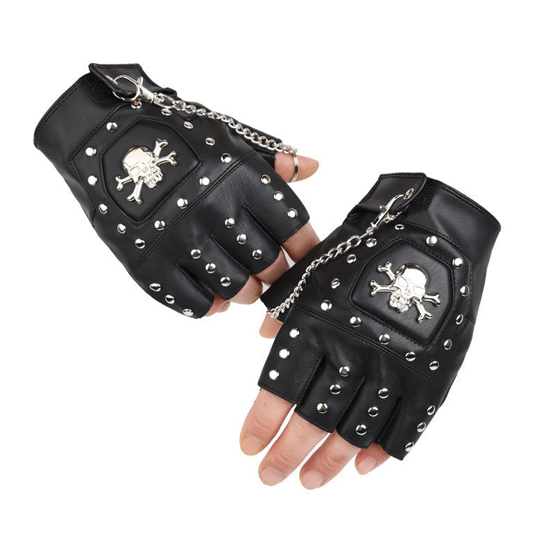 Gants de moto demi-doigts à clous en forme de crâne noir avec chaîne - Noir - Taille unique - image 0