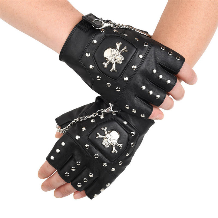 Gants de moto demi-doigts à clous en forme de crâne noir avec chaîne - image 3