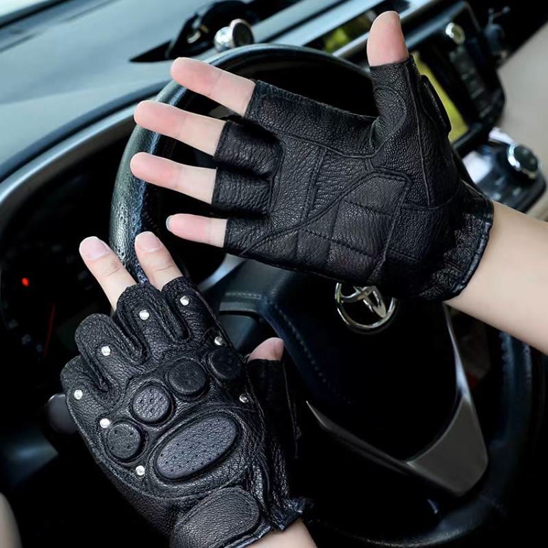 Gants de moto en cuir de mouton noir avec protection rigide des articulations - image 1