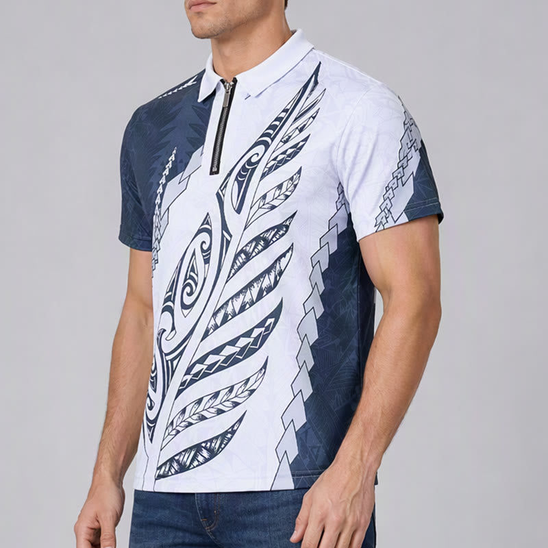 Polo à col zippé imprimé 3D motif polynésien noir et blanc - image 2
