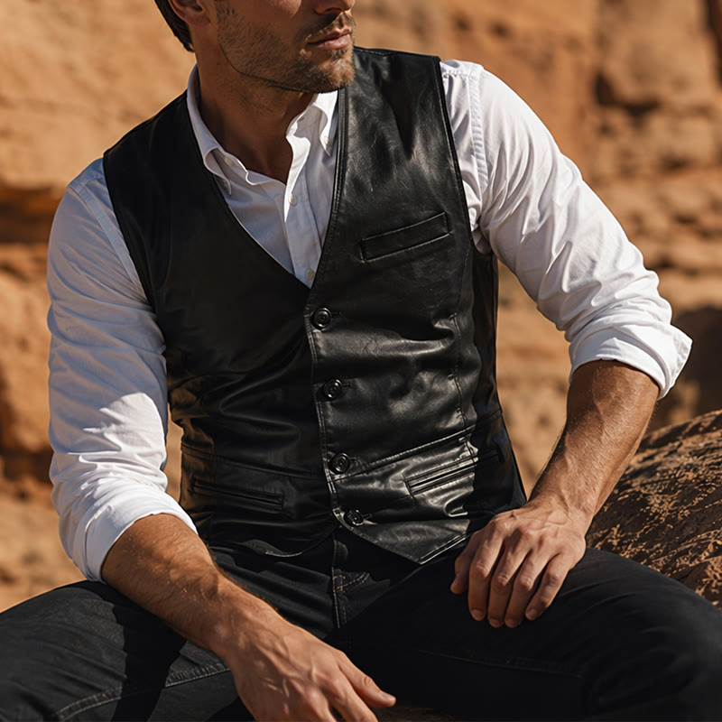 Gilet western vintage pour homme, style cowboy/motard, en similicuir. - Noir - 5XL - image 4