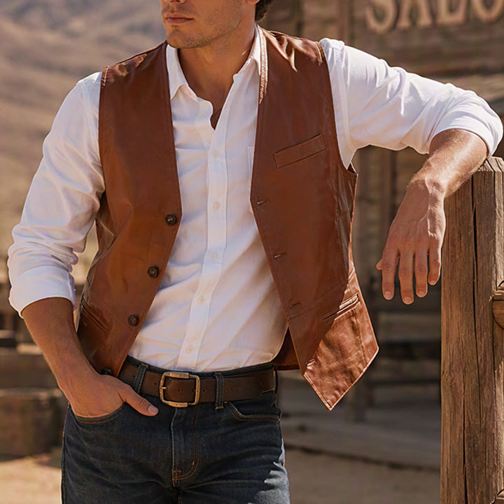 Gilet western vintage pour homme, style cowboy/motard, en similicuir. - Brun - 5XL - image 0