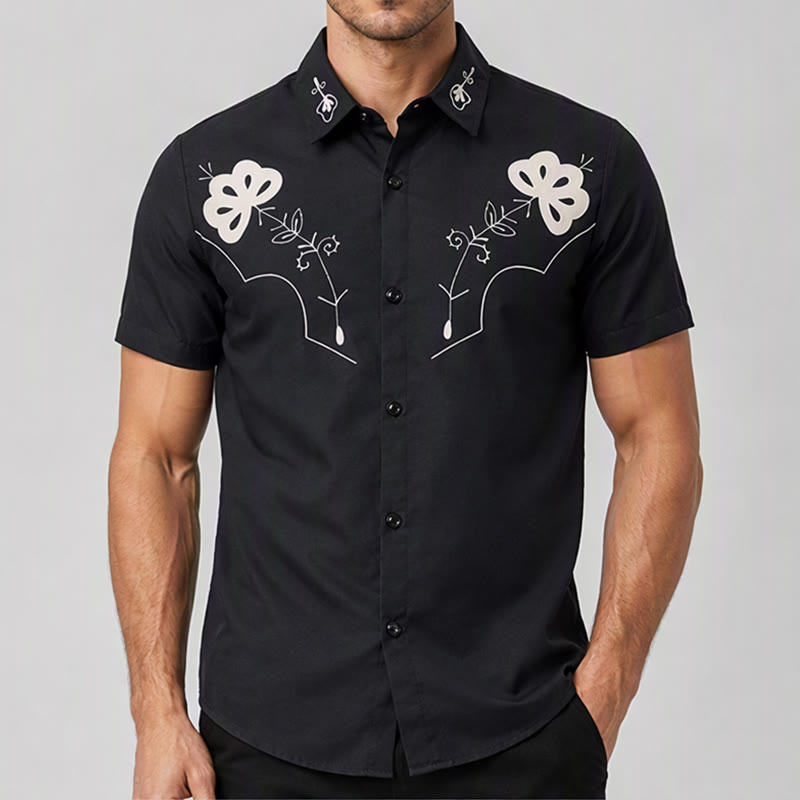Chemise de cowboy noire à imprimé floral western avec empiècement - image 1