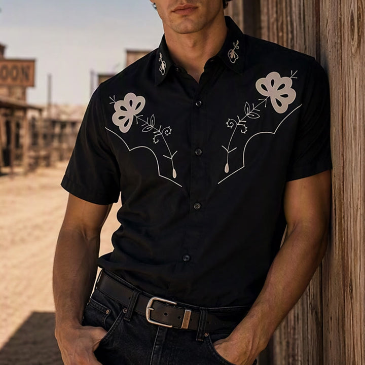 Chemise de cowboy noire à imprimé floral western avec empiècement - Noir - 5XL - image 0