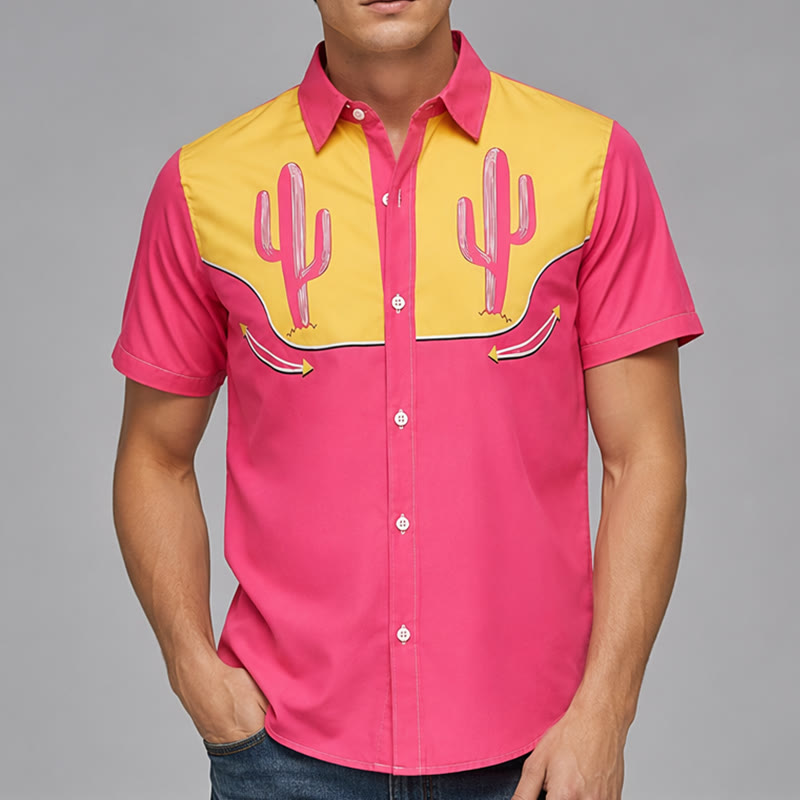 Chemise western rose fuchsia et jaune à empiècement cactus - image 1