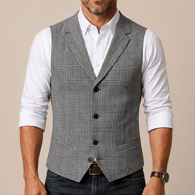 Gilet de costume à col cranté et col en V à carreaux, style britannique - image 1