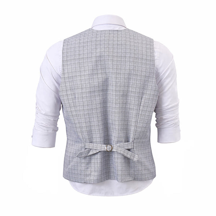 Gilet de costume minimaliste gris argenté à motif quadrillé et col en V - image 11