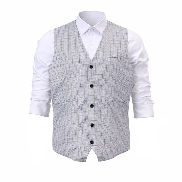 Gilet de costume minimaliste gris argenté à motif quadrillé et col en V - image 10