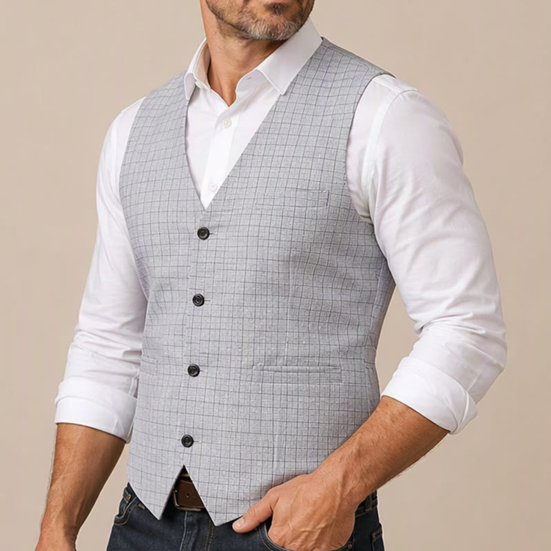 Gilet de costume minimaliste gris argenté à motif quadrillé et col en V - image 3
