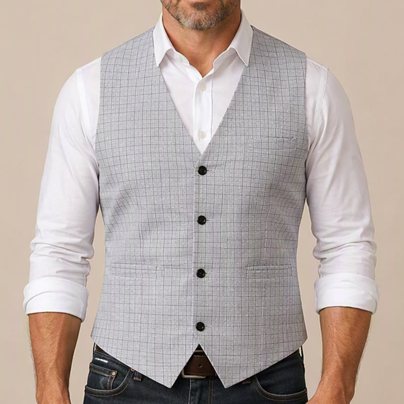 Gilet de costume minimaliste gris argenté à motif quadrillé et col en V - image 1