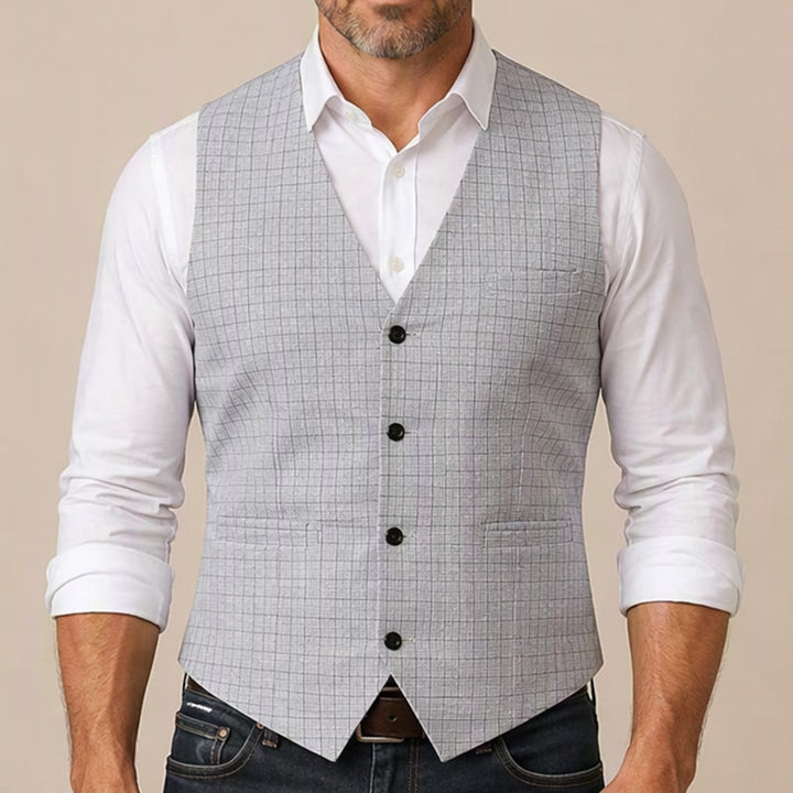 Gilet de costume minimaliste gris argenté à motif quadrillé et col en V - image 1