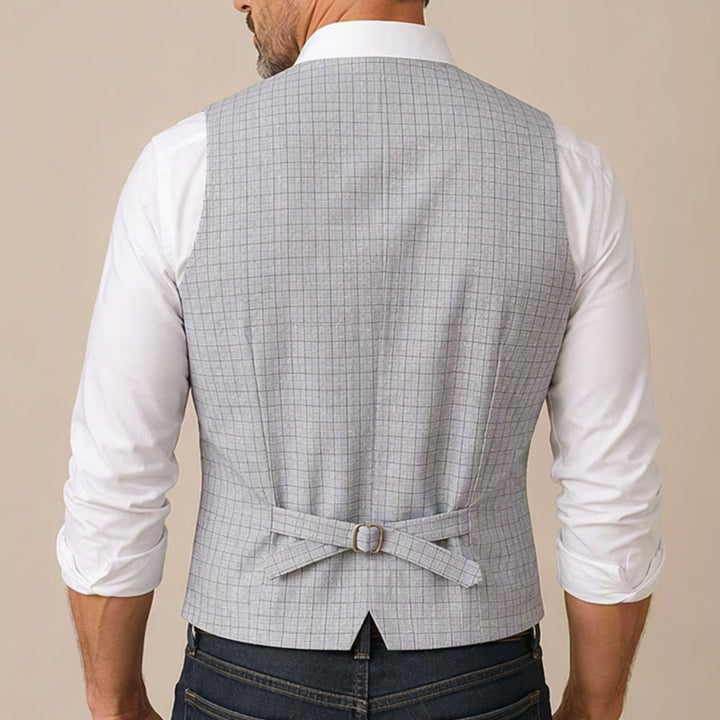 Gilet de costume minimaliste gris argenté à motif quadrillé et col en V - image 2