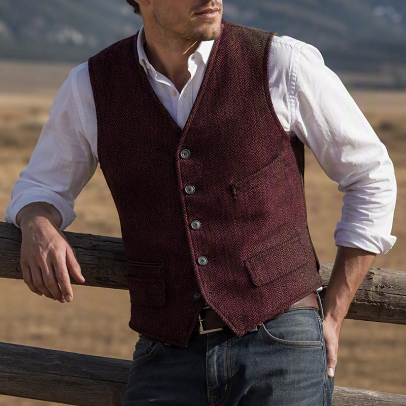 Gilet de costume western classique pour homme en tweed à chevrons - Brun - 3XL - image 6