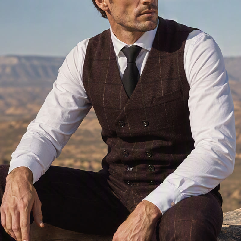 Gilet de costume à carreaux pour homme, inspiré de Peaky Blinders - Café - 2XL - image 4