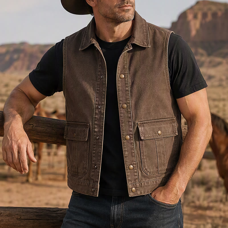 Gilet de travail vintage pour homme en toile marron délavée - Brun - 4XL - image 0