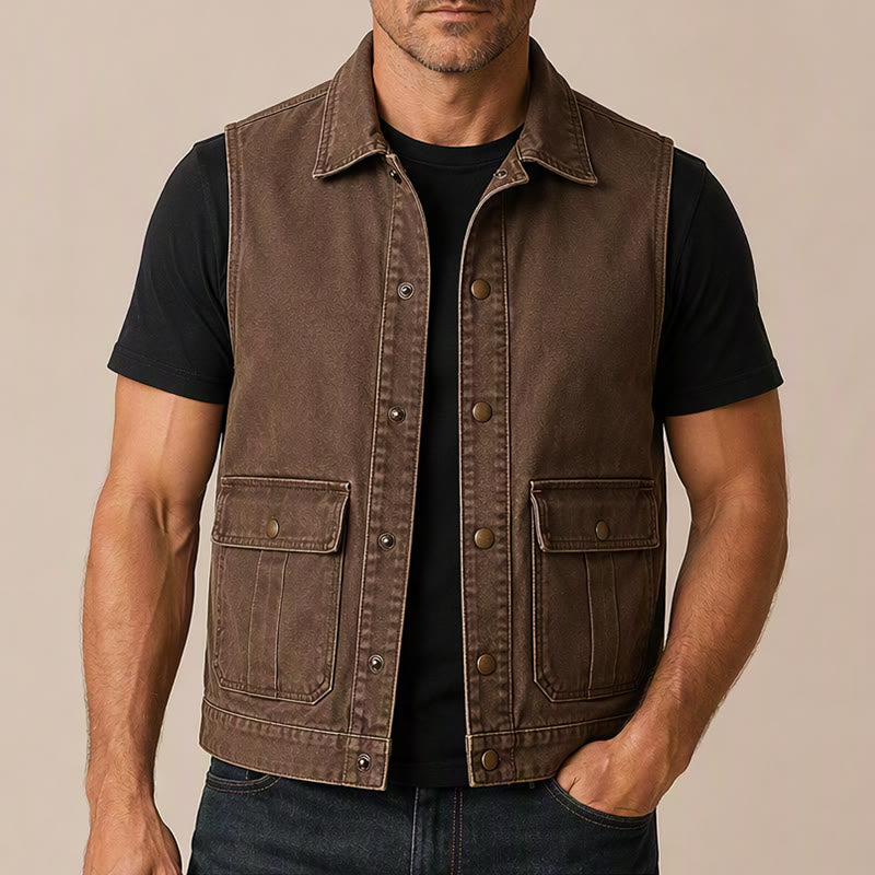 Gilet de travail vintage pour homme en toile marron délavée - image 1