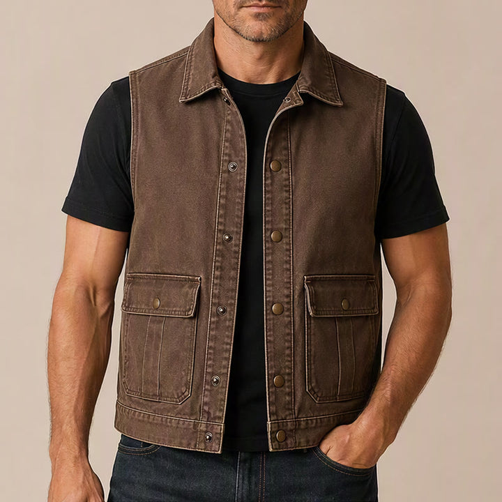 Gilet de travail vintage pour homme en toile marron délavée - image 1