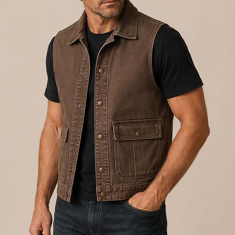 Gilet de travail vintage pour homme en toile marron délavée - image 3
