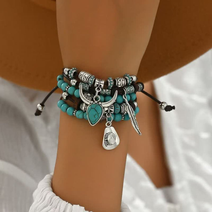 Bracelet bohème western turquoise ajustable à plusieurs rangs - image 1