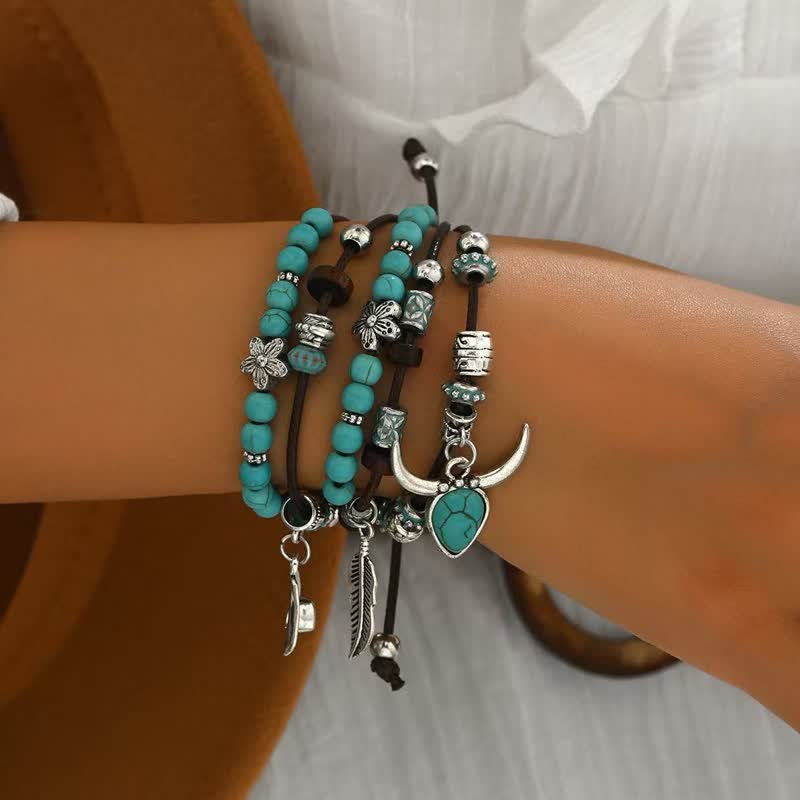 Bracelet bohème western turquoise ajustable à plusieurs rangs - image 2