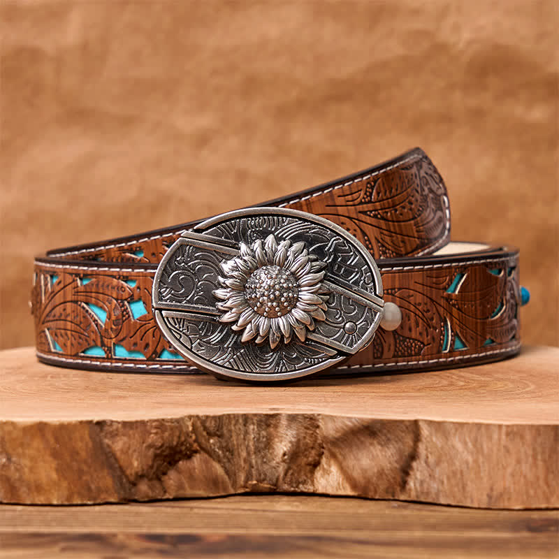 Ceinture en cuir pour homme avec couteau pliant caché tournesol - Tournesol - Ceinture sculptée en turquoise - 42 - image 7