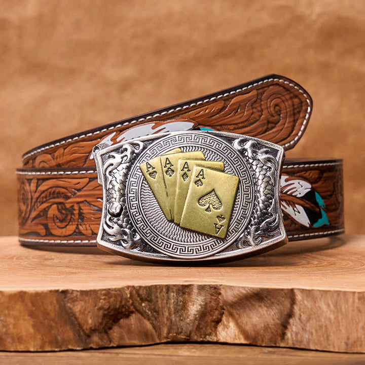Ceinture en cuir pour homme avec couteau pliant caché et poker doré - Poker d'or - Ceinture à plumes marron - 40 - image 11