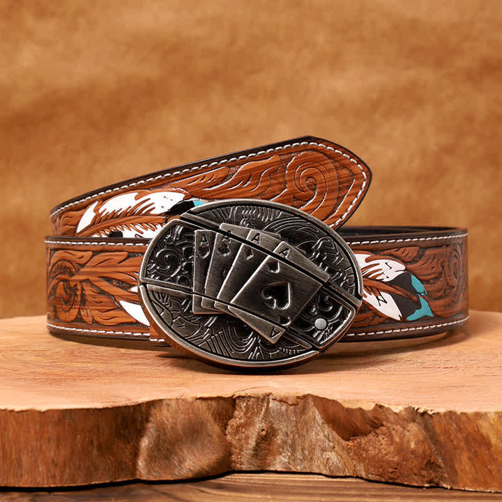 Ceinture en cuir pour homme avec couteau pliant caché Poker 4 Ace - Poker 4 As - Ceinture à plumes marron - 40 - image 9