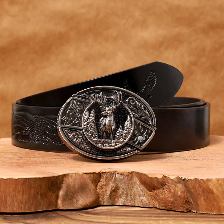 Ceinture en cuir pour homme avec couteau pliant caché en forme de cerf forestier - Cerf - Ceinture noire avec aigle en relief - 42 - image 7