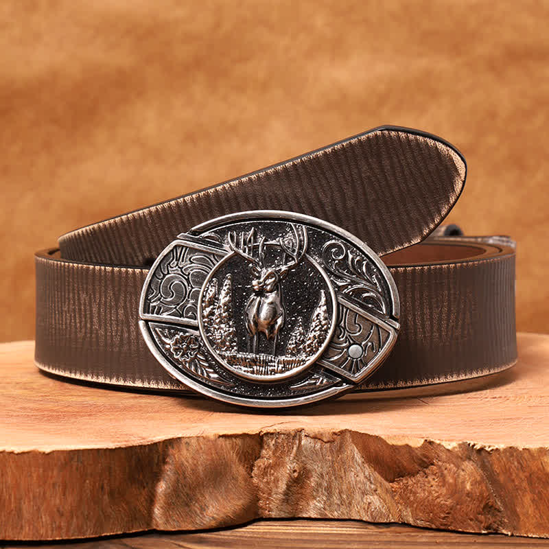 Ceinture en cuir pour homme avec couteau pliant caché en forme de cerf forestier - Cerf - Ceinture marron vieillie - 42 - image 9