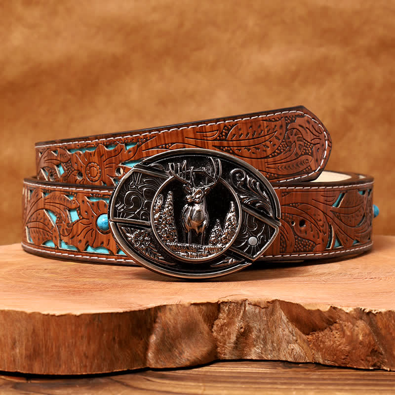 Ceinture en cuir pour homme avec couteau pliant caché en forme de cerf forestier - Cerf - Ceinture sculptée en turquoise - 42 - image 6