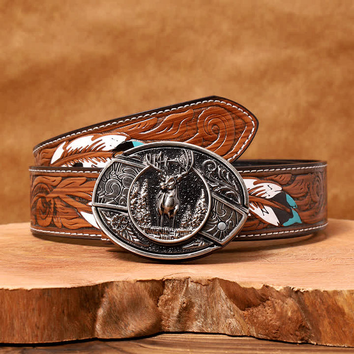Ceinture en cuir pour homme avec couteau pliant caché en forme de cerf forestier - Cerf - Ceinture à plumes marron - 40 - image 10