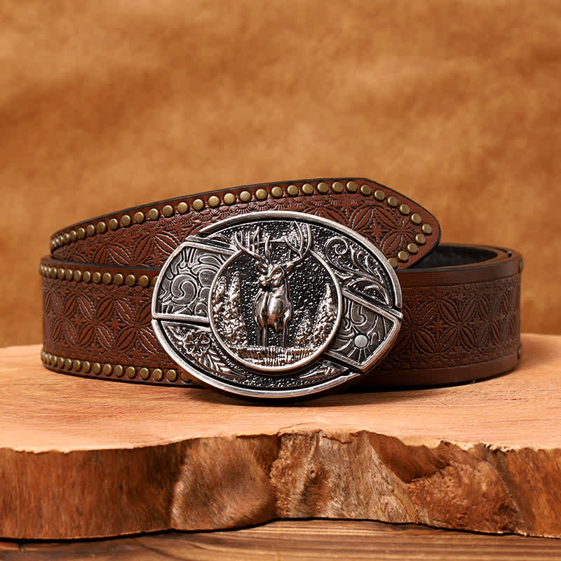 Ceinture en cuir pour homme avec couteau pliant caché en forme de cerf forestier - Cerf - Ceinture à rivets marron - 42 - image 8