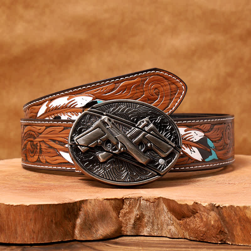 Ceinture en cuir pour homme avec couteau pliant caché à double pistolet - Pistolet double - Ceinture à plumes marron - 40 - image 9
