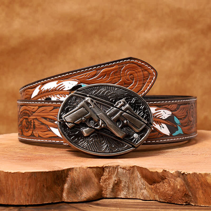 Ceinture en cuir pour homme avec couteau pliant caché à double pistolet - Pistolet double - Ceinture à plumes marron - 40 - image 9