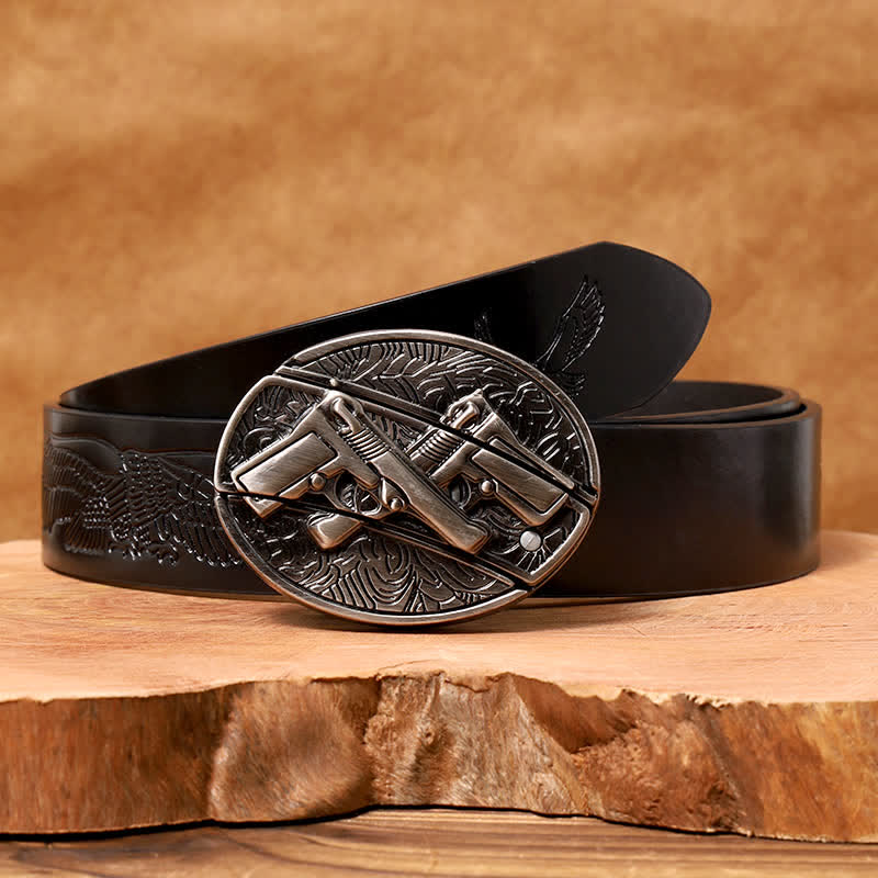 Ceinture en cuir pour homme avec couteau pliant caché à double pistolet - Pistolet double - Ceinture noire avec aigle en relief - 42 - image 6