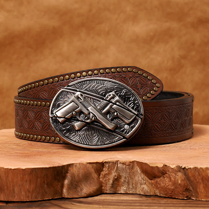 Ceinture en cuir pour homme avec couteau pliant caché à double pistolet - Pistolet double - Ceinture à rivets marron - 42 - image 7