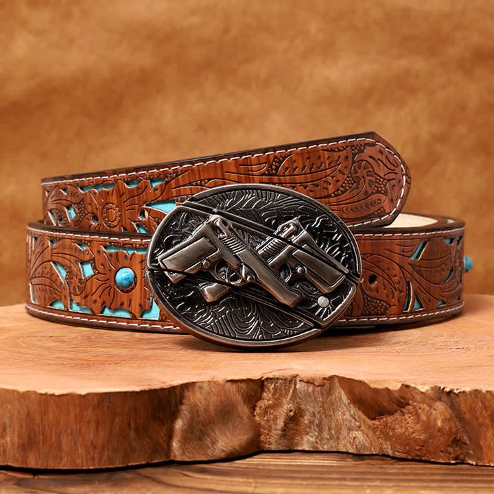 Ceinture en cuir pour homme avec couteau pliant caché à double pistolet - Pistolet double - Ceinture sculptée en turquoise - 42 - image 5