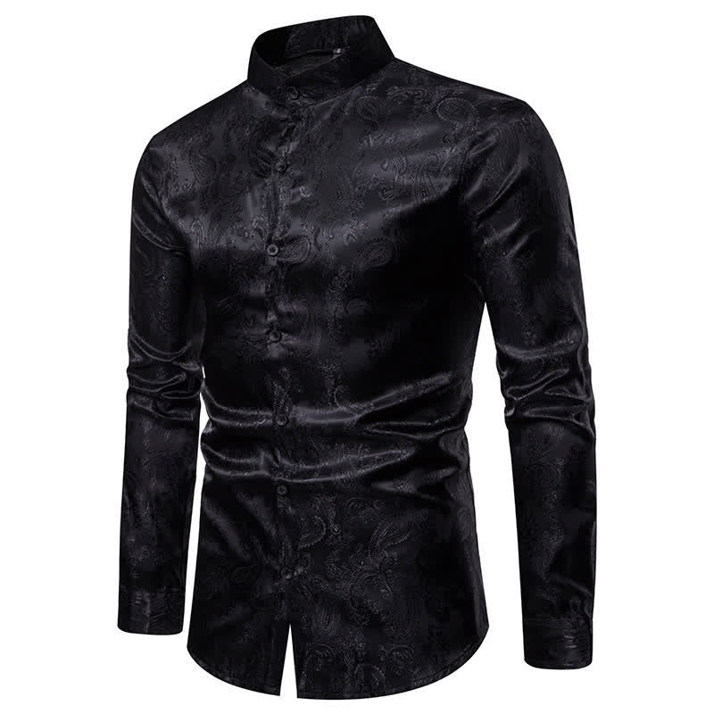 Chemise à manches longues pour homme, en satin jacquard foncé rose, col montant - image 13