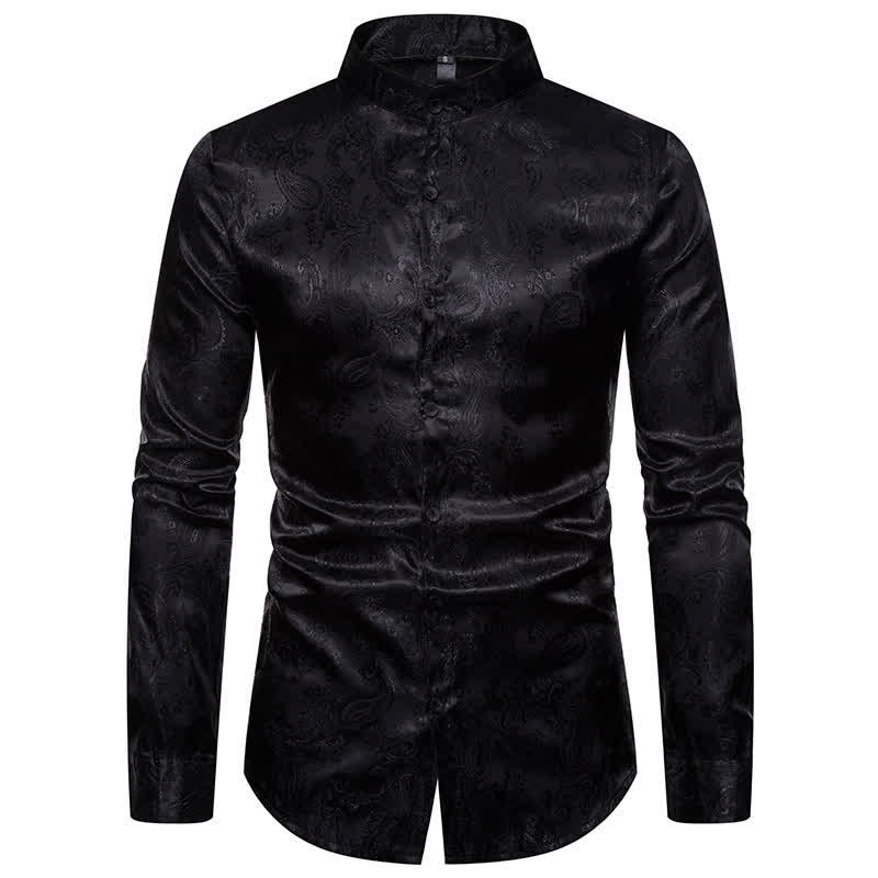 Chemise à manches longues pour homme, en satin jacquard foncé rose, col montant - Noir - 2XL - image 11