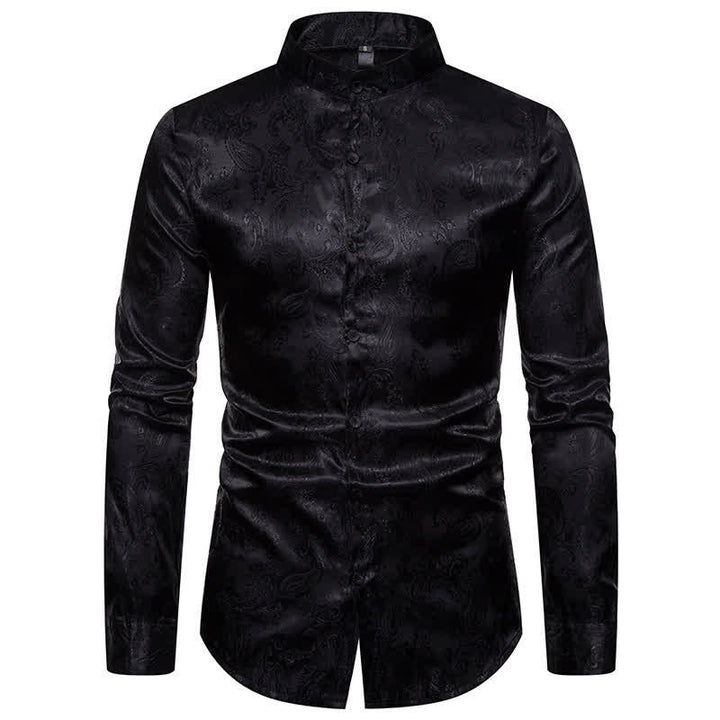 Chemise à manches longues pour homme, en satin jacquard foncé rose, col montant - Noir - 2XL - image 11